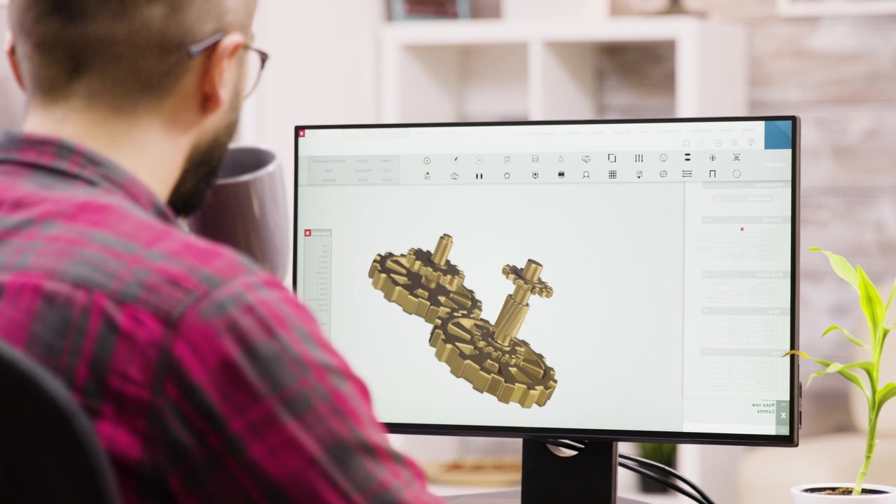 Инженер проектирует механические шестерни в программе 3D CAD