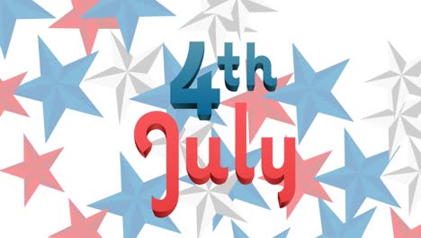 animation of 4th of july text over red, white and blue stars on white background