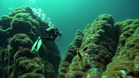 scuba diver exploring a coral reef