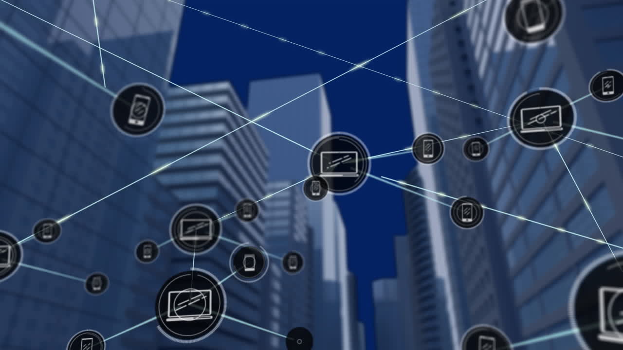 파란색 배경에 높은 건물 위의 디지털 아이콘 네트워크의 애니메이션