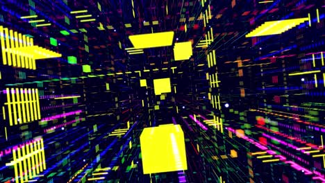 glow rectángulos, rayas y líneas. diseño de movimiento vj bucle. estructura 3d. gráfico de movimiento, cámara fly throungh espacio de arte abstracto, estructura multicapa con patrón y partículas. color gradiente arco iris.
