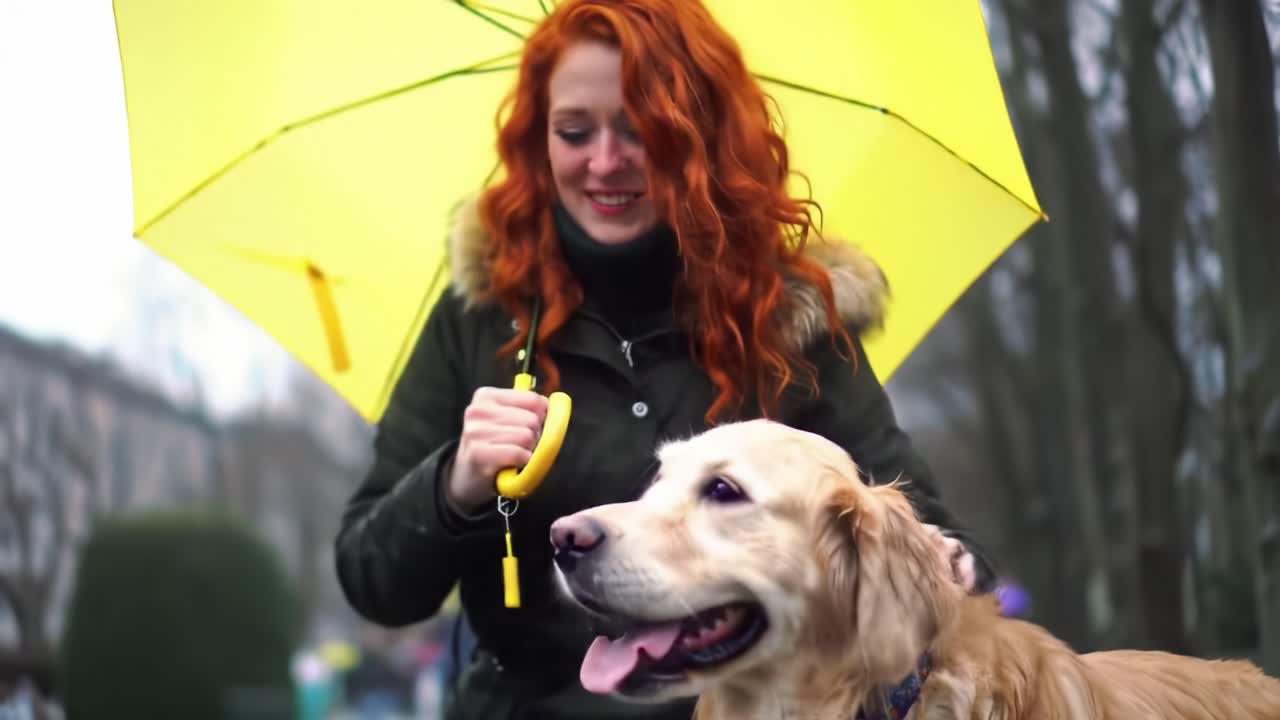 Joyful Moments with a Golden Retriever: A Woman with Red Hair Enjoys a Rainy Day in the Park with Her Beloved Dog Under a Bright Yellow Umbrella