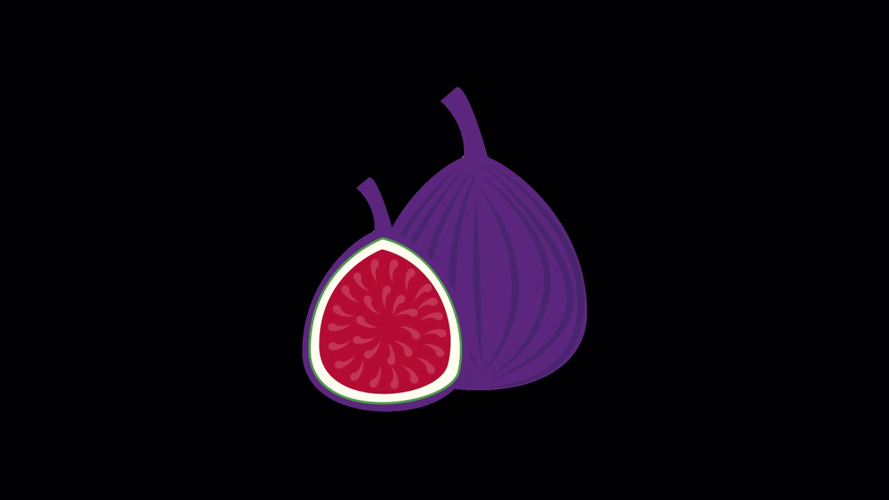 Animated Illustration of a Whole and Cut Fig with Seeds on Black Background