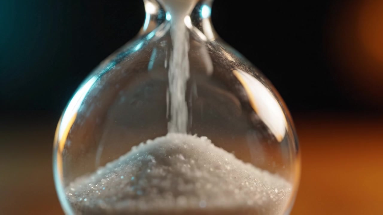 The passage of time captured in a stunning hourglass, with sand flowing gracefully through the narrow neck, symbolizing life's transience and the elegance of moments.