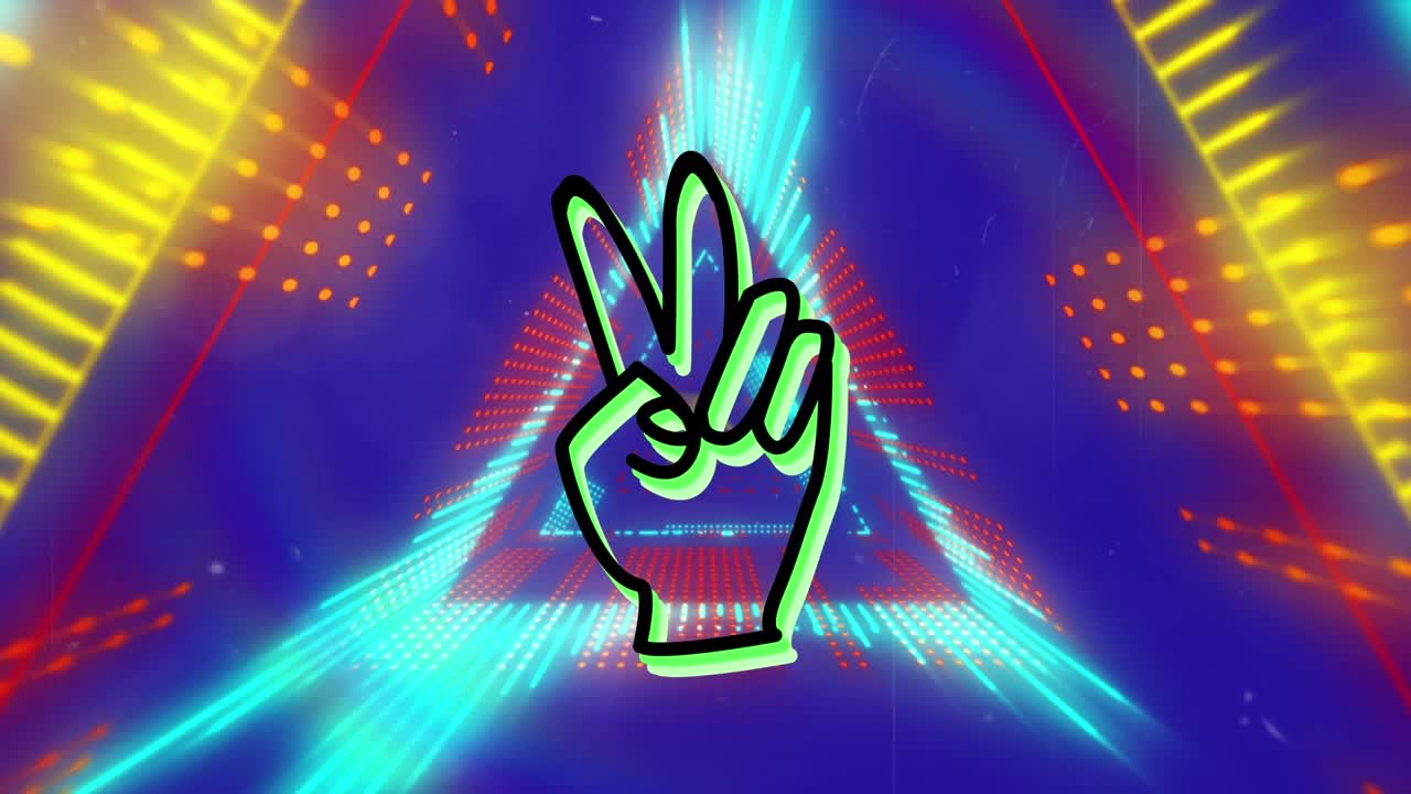 Animazione di una mano della pace vettoriale che si muove tra una forma triangolare colorata illuminata