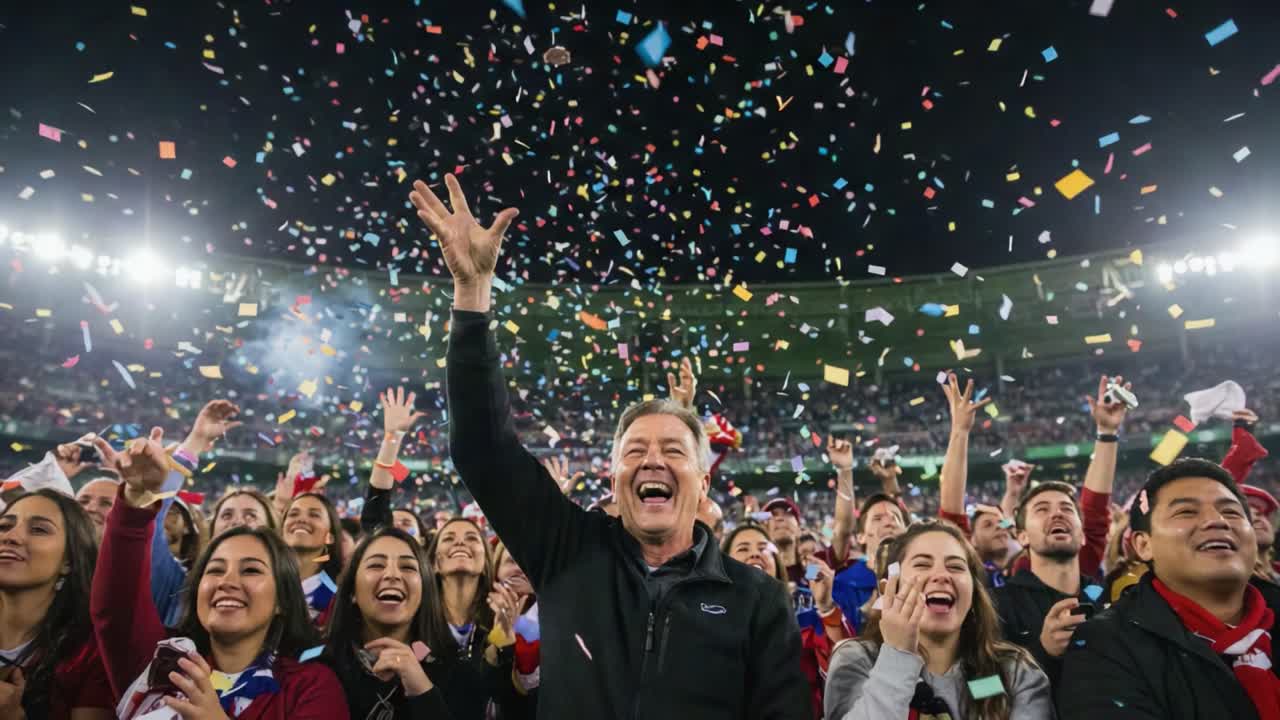 Joyful Celebration: Fans Erupt in Elation as Colorful Confetti Rains Down During a Thrilling Moment at the Event, Capturing the Spirit of Unity and Excitement
