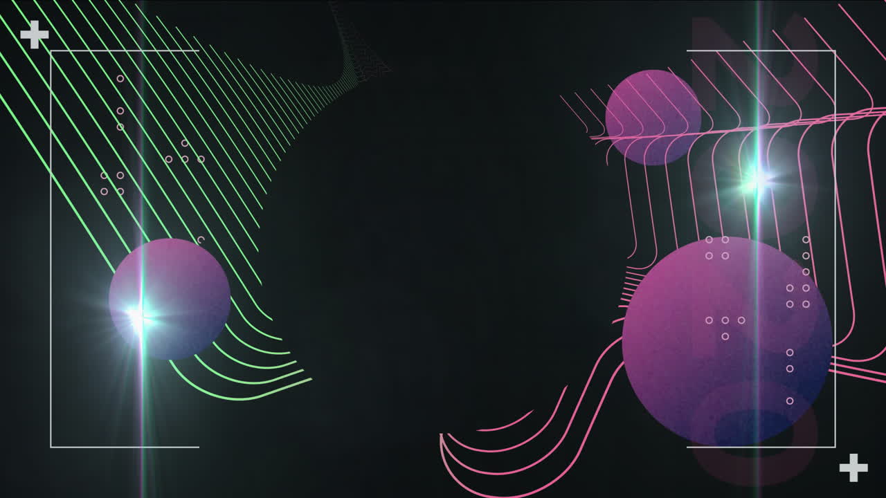 Abstract animation with purple spheres and green lines on dark background
