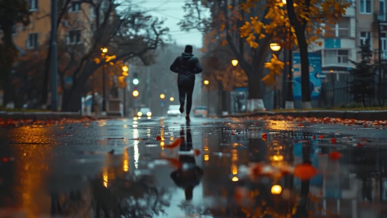 A person running on a wet street in autumn