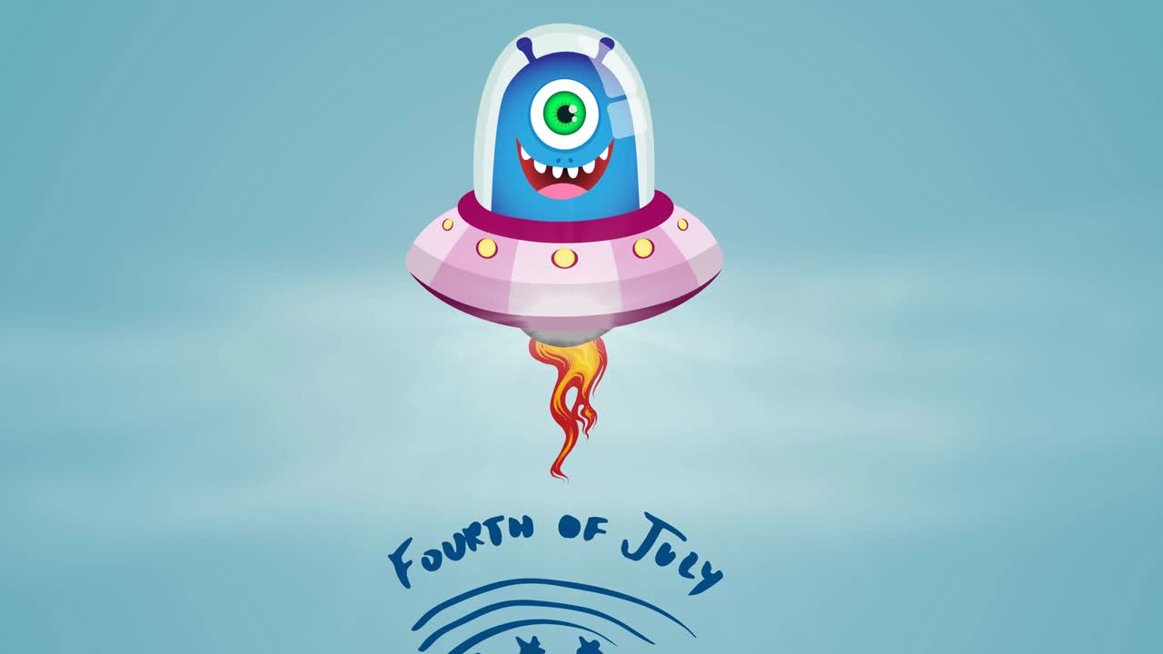 анимация текста 4 июля с улыбающейся алиен на синем фоне