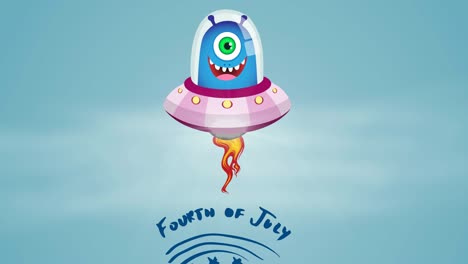 animación del texto del 4 de julio con allien sonriente sobre fondo azul