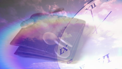 digital animation of clock ticking over coins falling on wallet against clouds in the sky