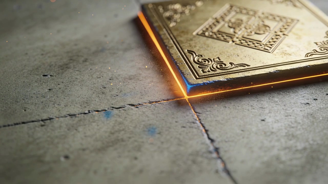 Intensifying orange-blue rim glow pushing ornate gold tile settling into cracked slab, copy space