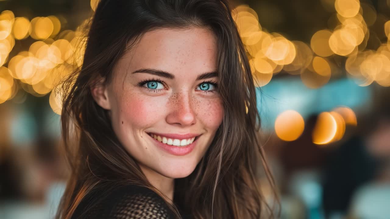 Captivating Portrait of a Smiling Woman with Bright Blue Eyes and Freckles Amidst a Festive Bokeh Background, Radiating Joy and Charm