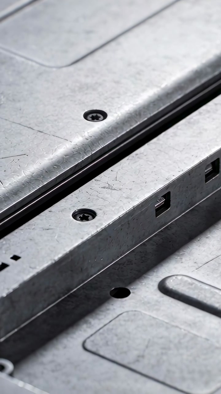 Vertical video: Panning camera revealing metal chassis panel on workbench, inspecting screws cutout