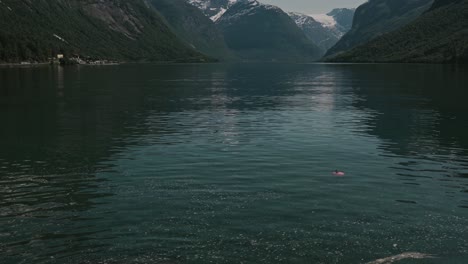 Iconic-landscape-of-Lovatnet-lake-and-mountains,-tilt-up-view