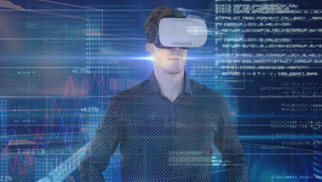 animation of caucasian businessman in vr headset using touchscreen with diverse data