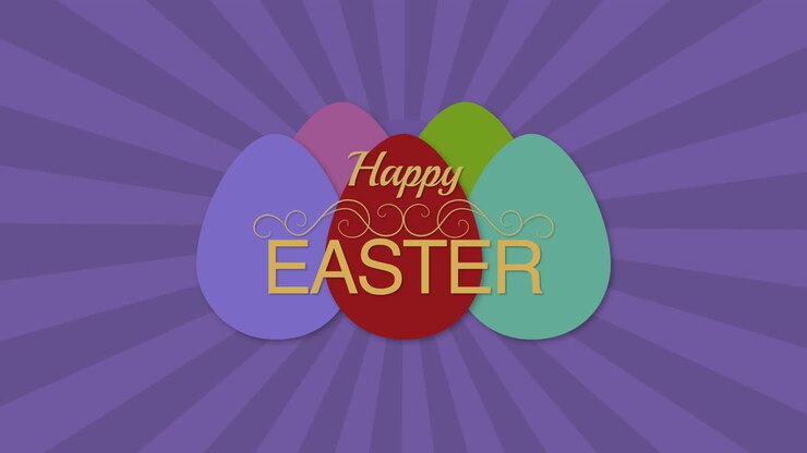 Animated closeup Happy Easter text and eggs on purple