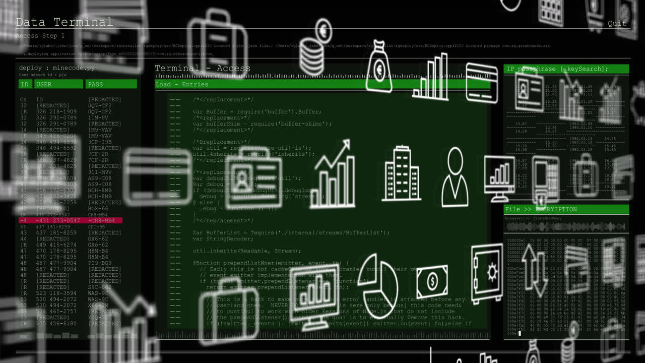 Animation of business icons over data processing on black background
