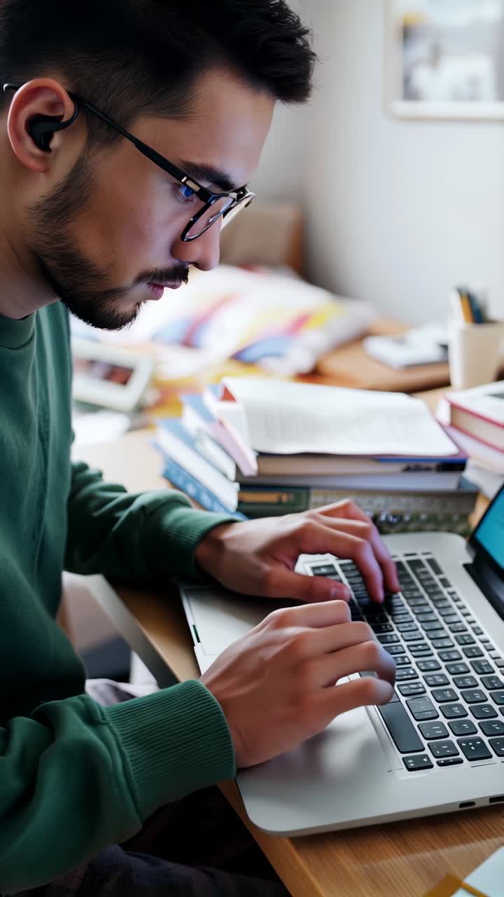 Young person writing on a laptop in their study space.