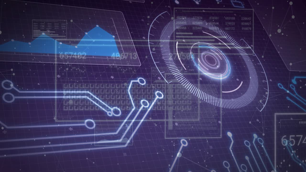 Opening over purple grid, interface fading dial, drawing graph, animating circuits, presenting data