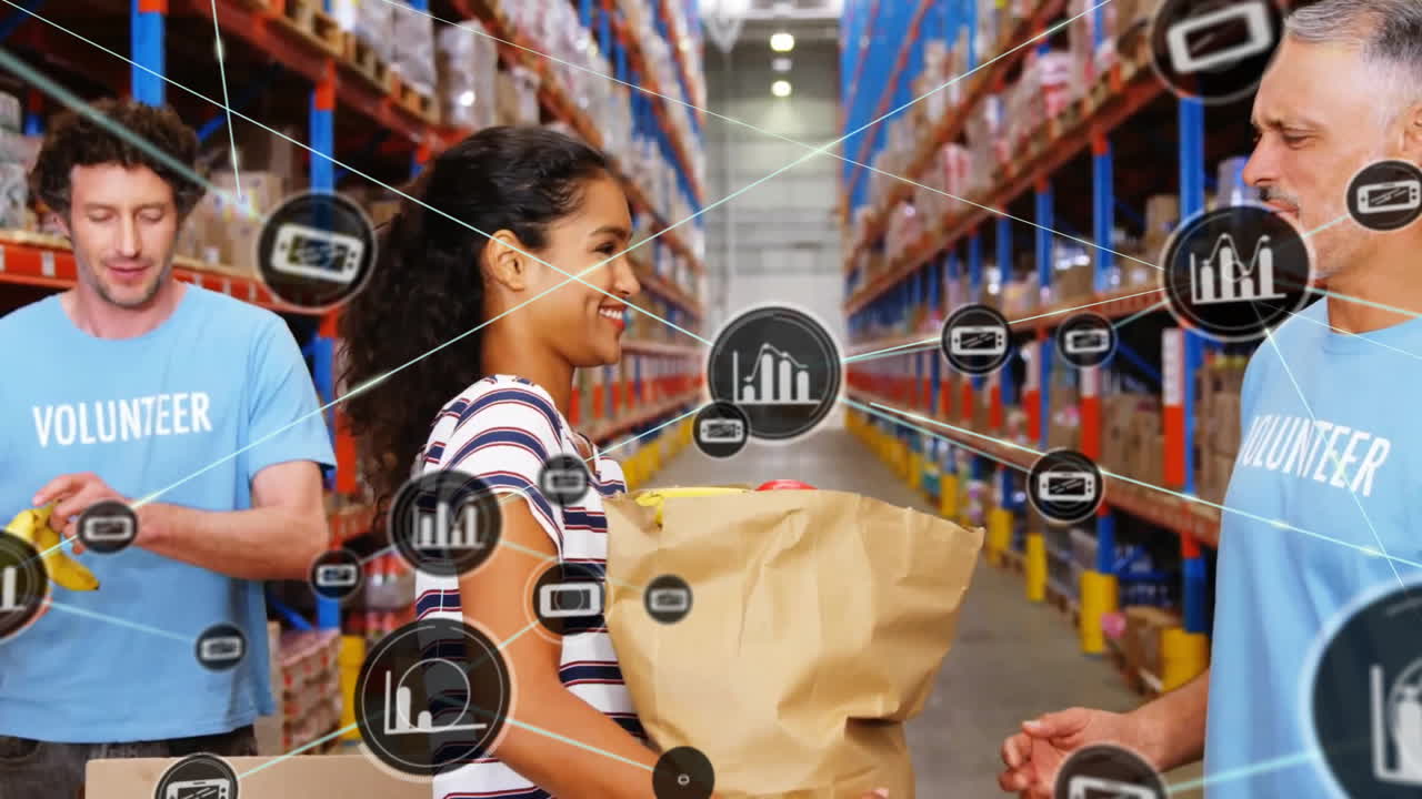 animación de la red de conexiones con iconos sobre diversas personas que trabajan en el almacén