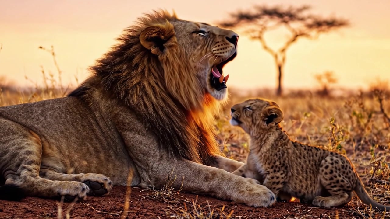 Un maestoso leone e il suo cucciolo giocoso condividono un momento tenero nella luce dorata del tramonto, evidenziando il forte legame familiare nel cuore della savana africana.