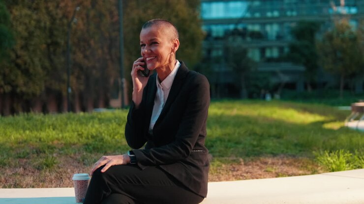 Happy Businesswoman Talking on Phone While Sitting in Urban Park