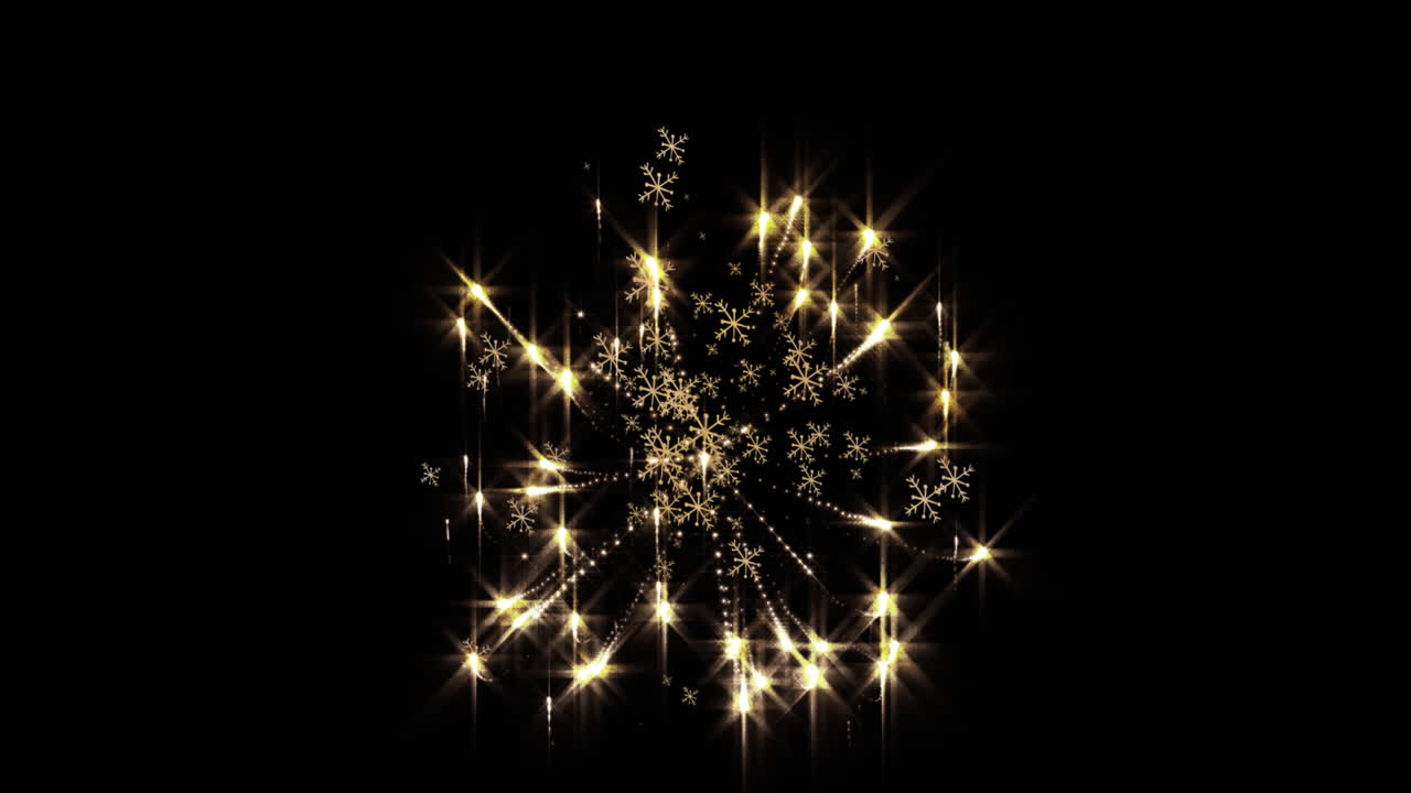 Animation of glowing christmas snowflakes and new year fireworks on black background