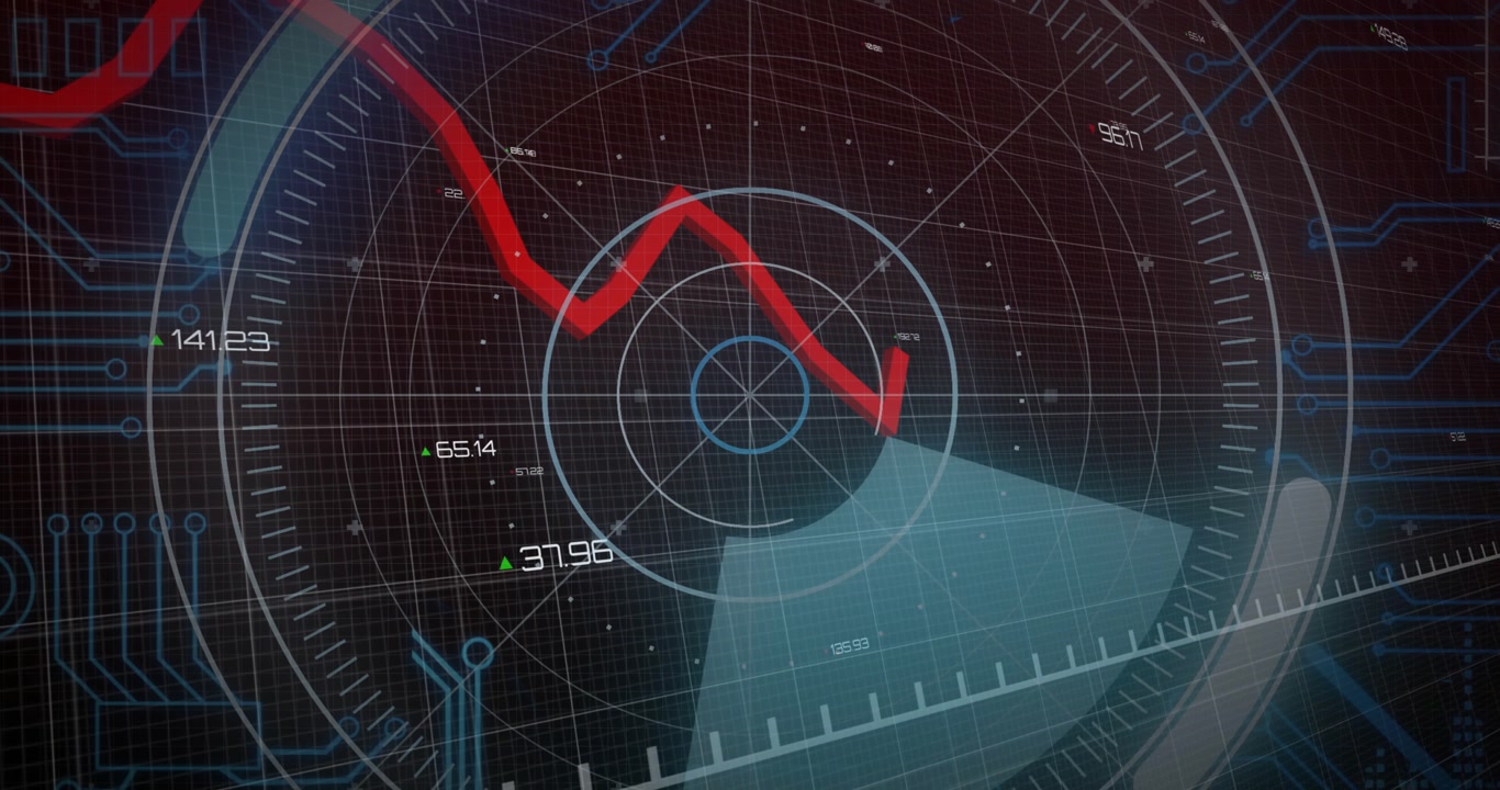 Blue scanning sector starting sweeping radar grid while red line undulating visualizing data trends