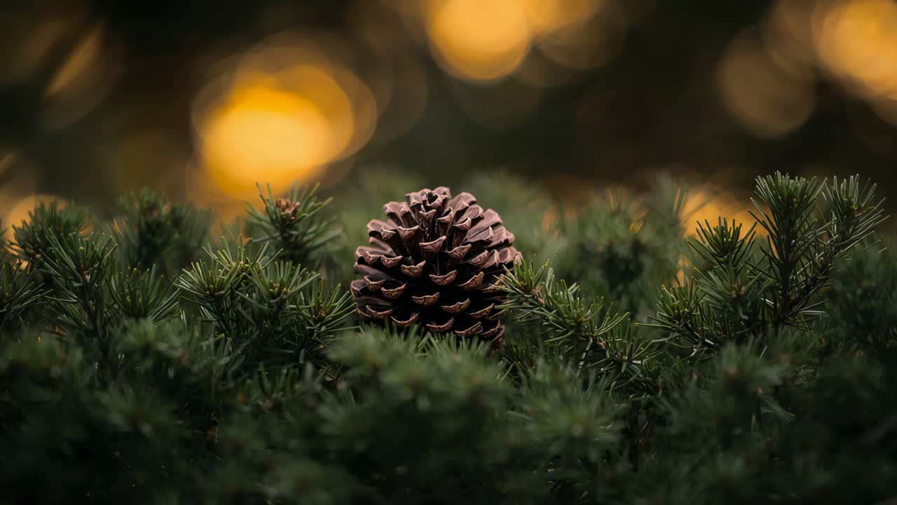 Telecamera che zooma mettendo a fuoco una pigna, ad angolo basso tra gli aghi con bokeh caldo per la texture
