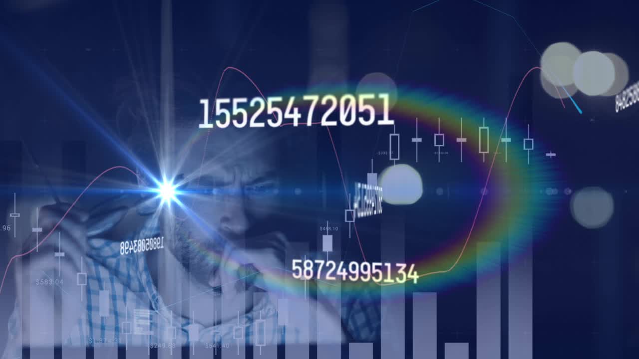 animación del hombre cansado usando computadora, registro de estadísticas y procesamiento de datos financieros