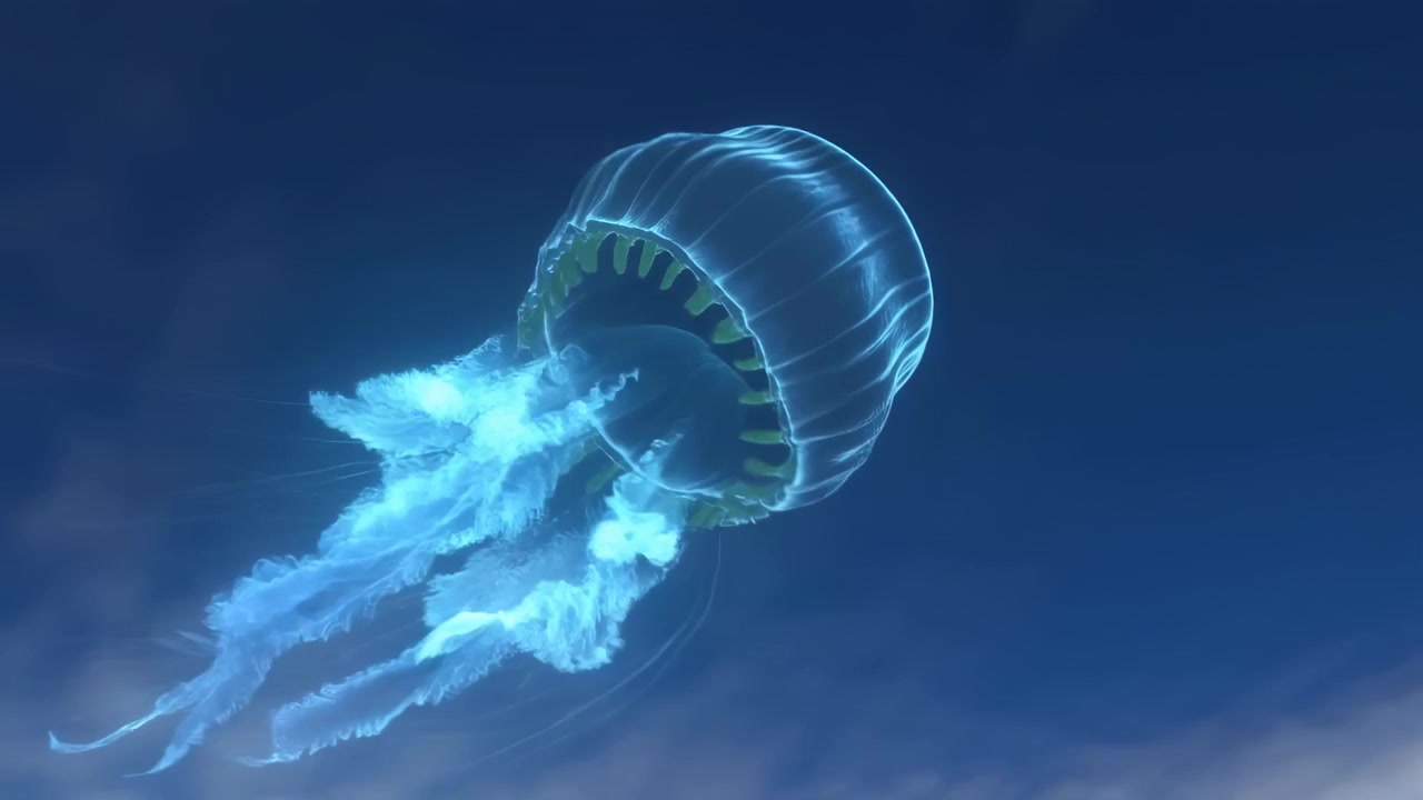Un singolo organismo traslucido simile a una medusa si muove e scivola contro un cielo blu profondo pieno di nuvole altocumulo testurizzate, mentre la campana segmentata si inclina, si contrae e i tentacoli si trascinano dolcemente.