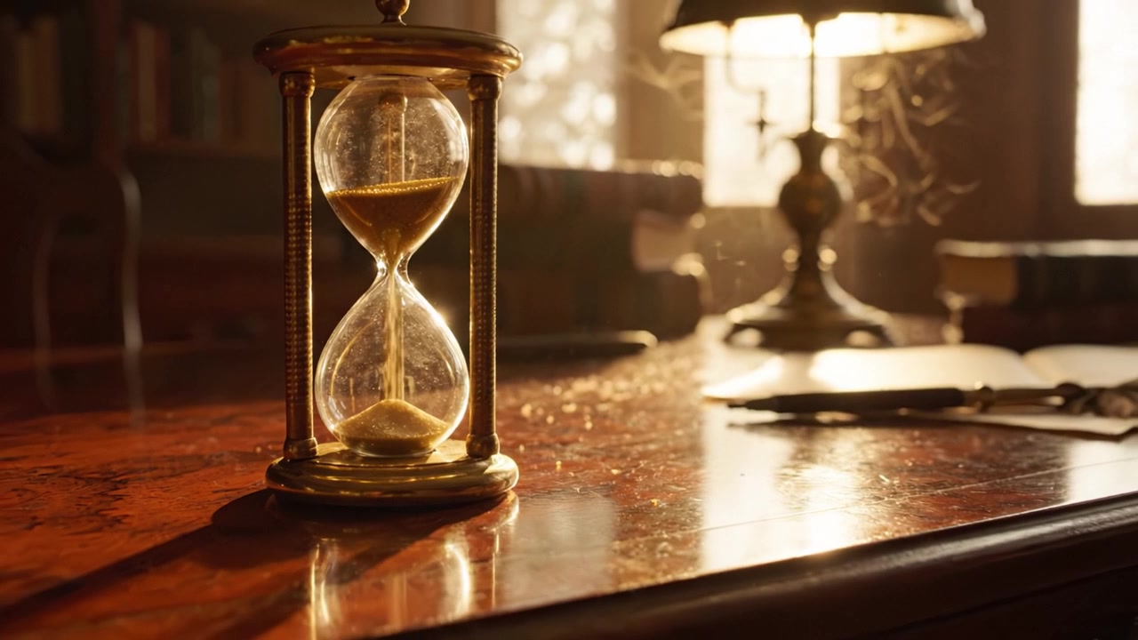The Timeless Beauty of an Hourglass on a Table in a Cozy Library Setting with a Soft Light Glow, Symbolizing the Passage of Time and Knowledge