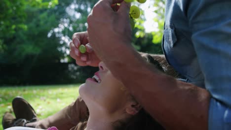 hombre alimentando uvas a una mujer en el parque