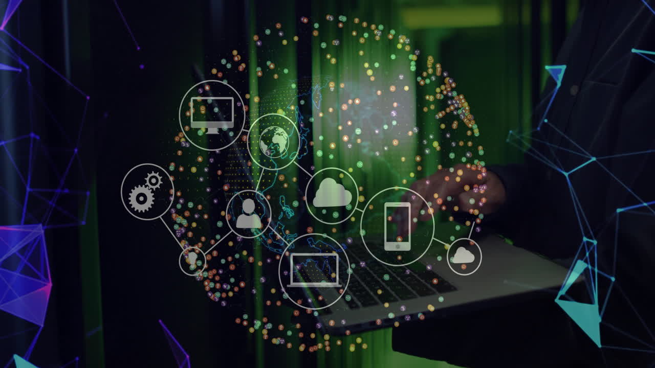 Digital network icons and data processing animation over person using laptop