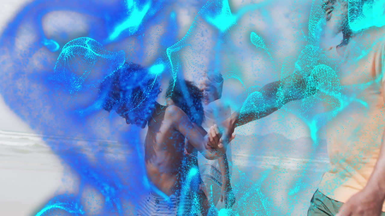 multi-generation family playing at shoreline, with abstract digital waves illustrating technology