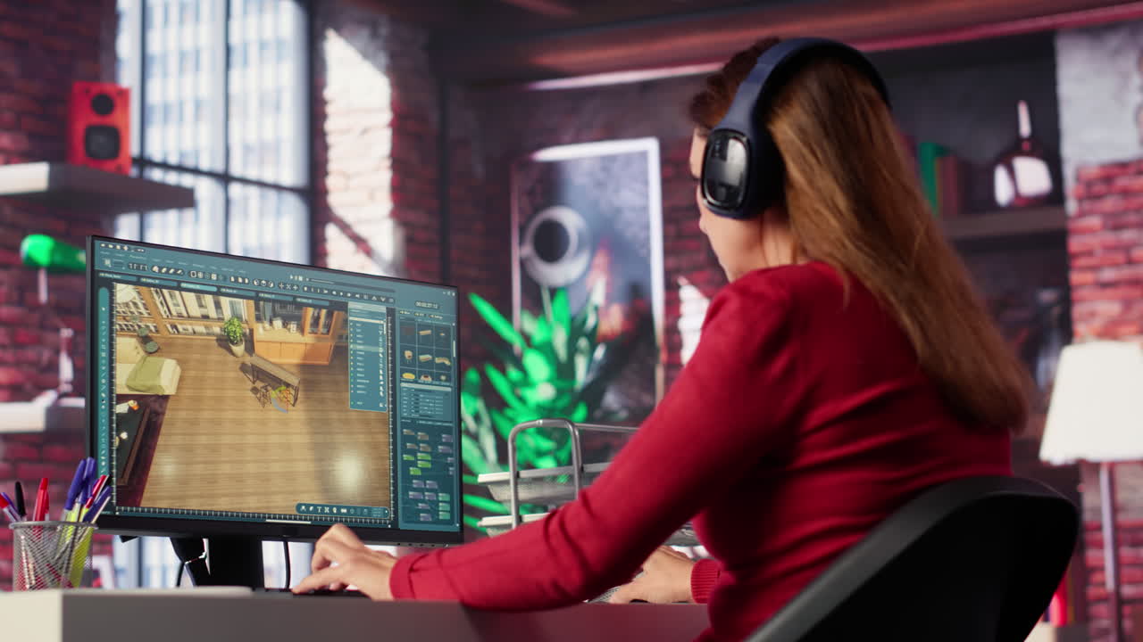 Woman working on 3D interior design on computer