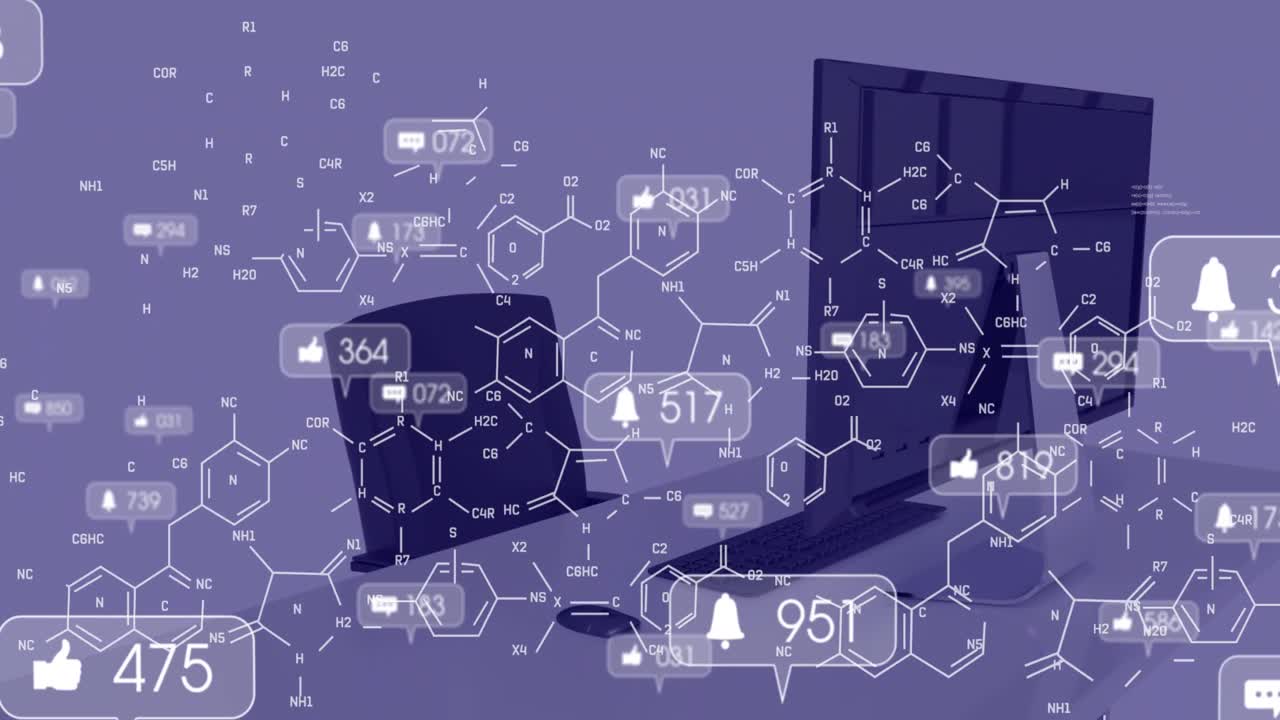 소셜 미디어 아이콘의 애니메이션, 숫자와 화학 공식, 책상 위에 컴퓨터