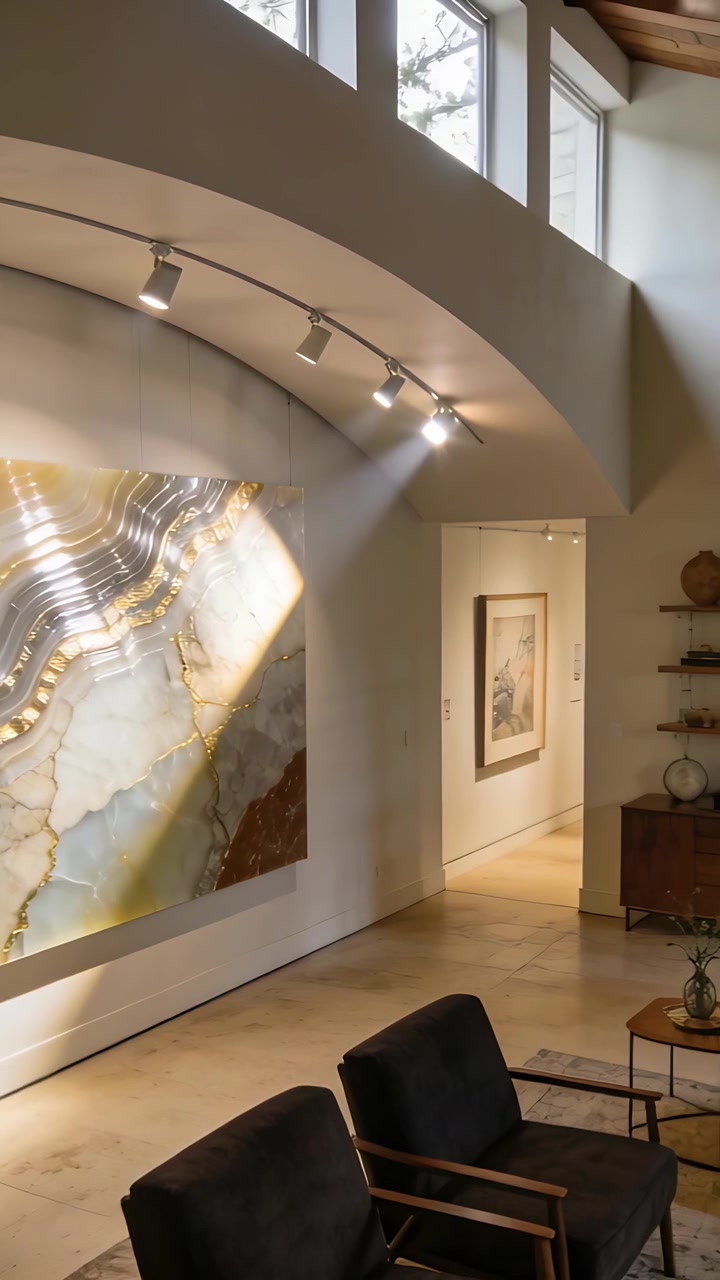 Video verticale: Telecamera in panoramica che mostra un'opera d'arte con venature dorate in salotto, con un raggio di sole e poltrone.