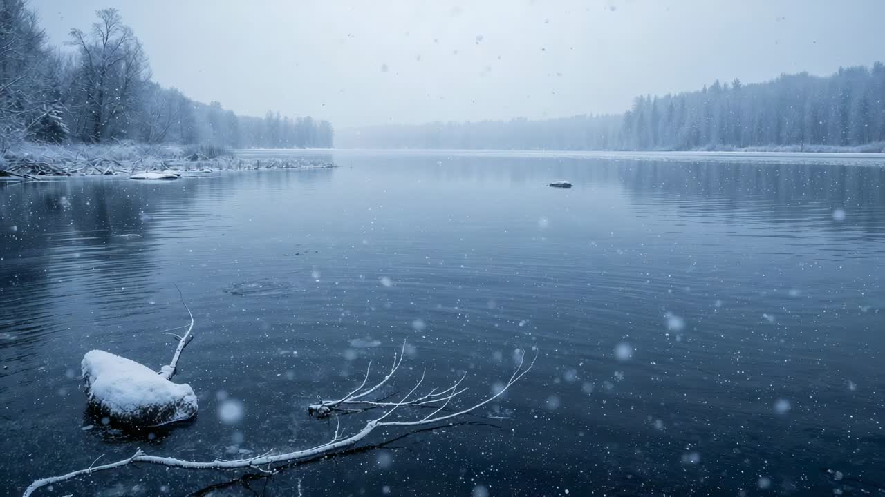 Falling snow at shore creating growing ripples on dark water, showing snowy rock and branch