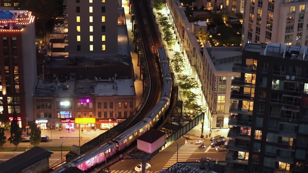 Night View of Elevated Train in Chicago City