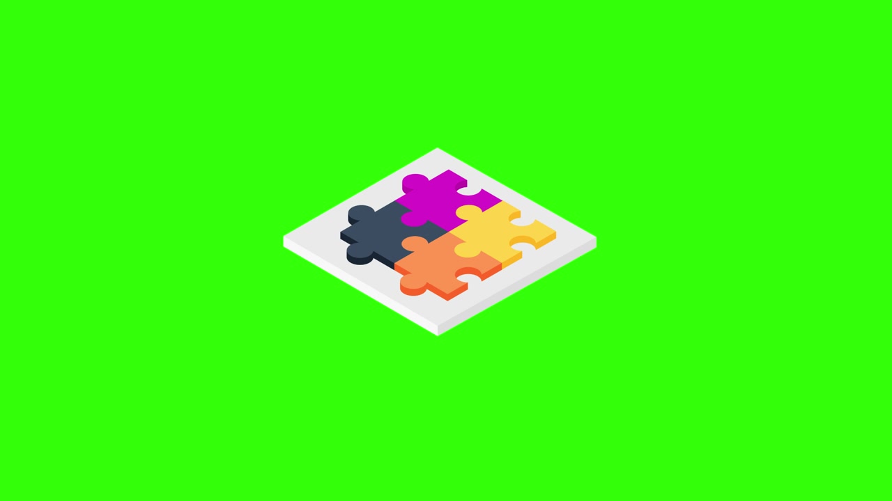 Animazione isometrica di pezzi di puzzle colorati che si assemblano su schermo verde