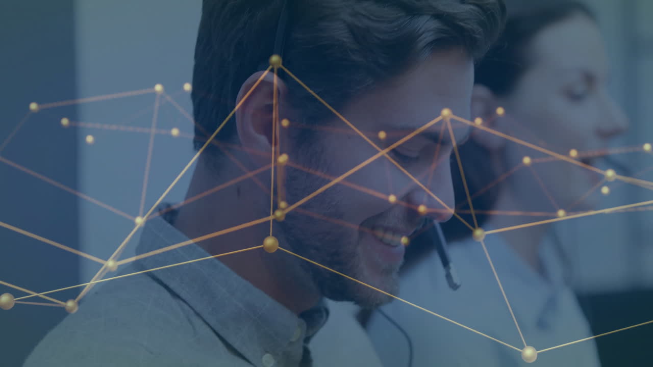 Customer service representatives smiling with animated network connections overlay