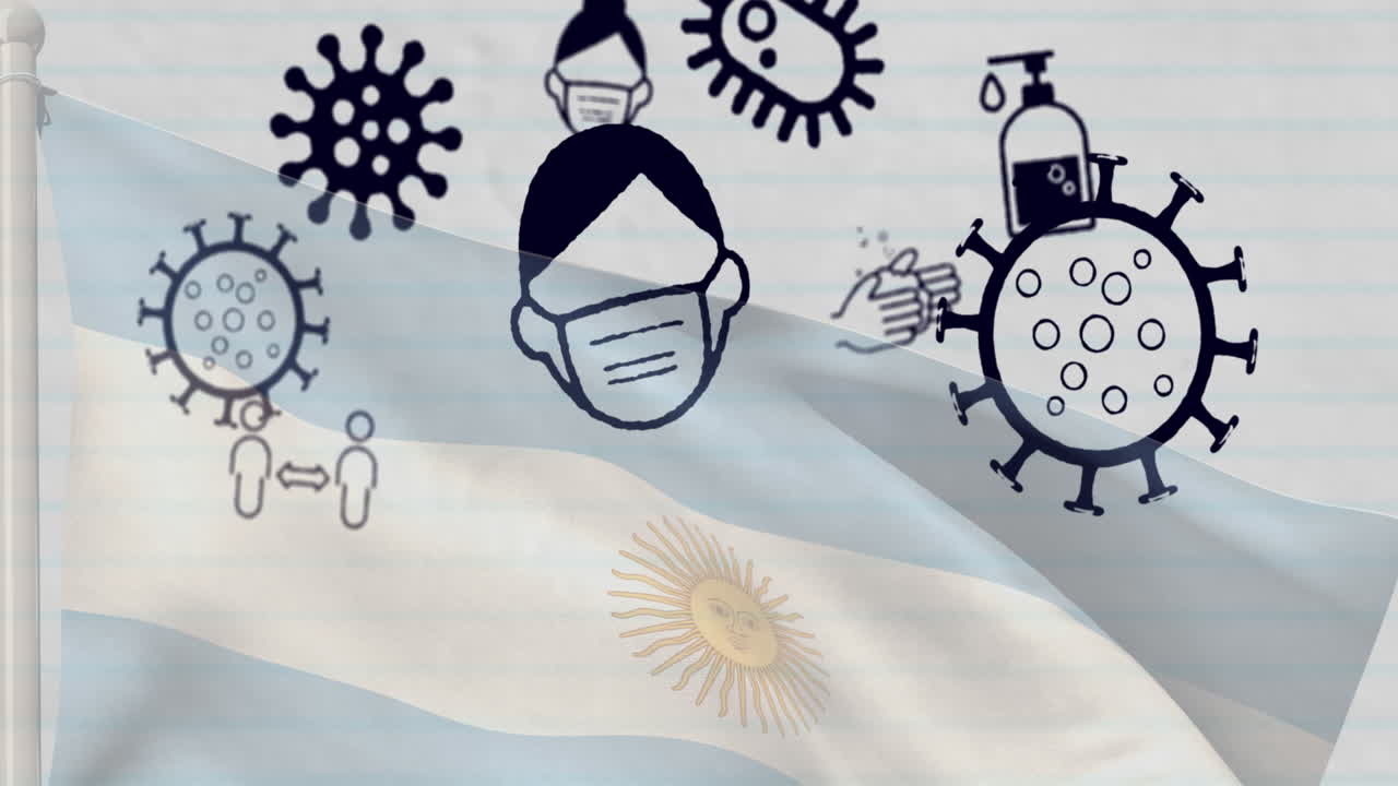 animación de células del virus covid-19 e iconos digitales sobre la bandera de argentina