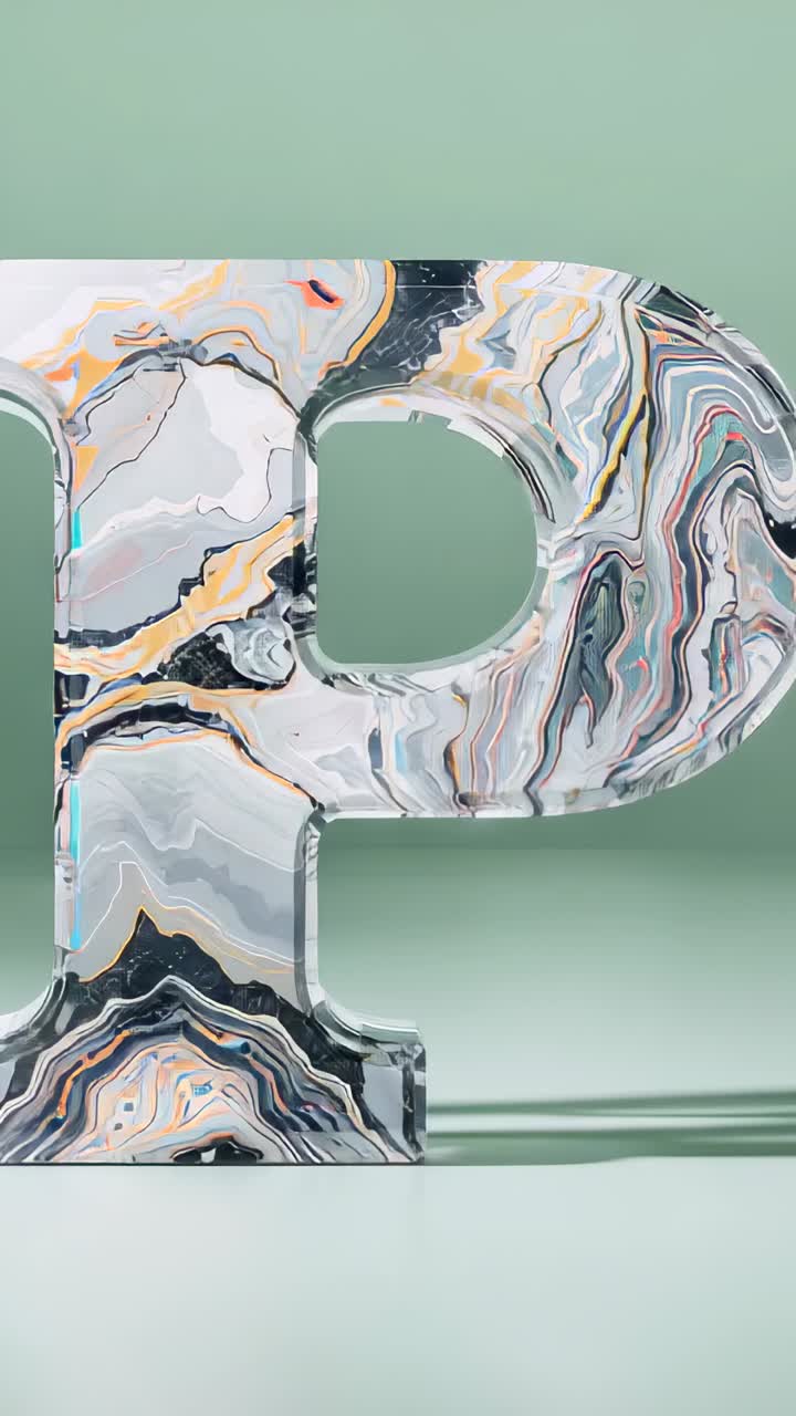 Vertical video: Playback starting marbled letter P spinning on glossy tabletop to reveal pattern