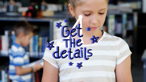 animation of get the details text over caucasian schoolgirl