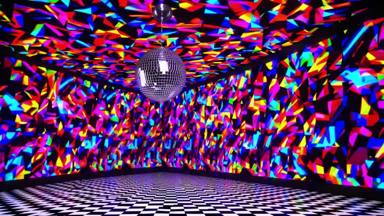 Vibrant disco room with colorful light reflections on walls and floor, showcasing a dynamic atmosphere with a shining disco ball creating an energetic ambiance