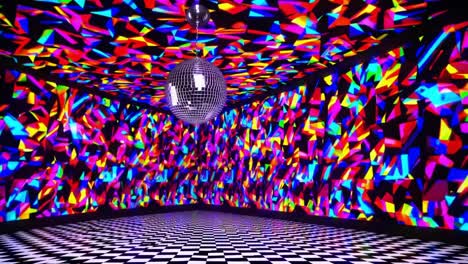 Vibrant disco room with colorful light reflections on walls and floor, showcasing a dynamic atmosphere with a shining disco ball creating an energetic ambiance
