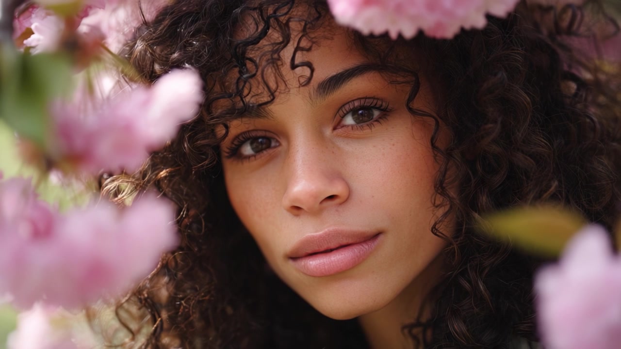 A Close-Up Portrait of a Young Woman Surrounded by Beautiful Pink Blossom Flowers, Capturing a Moment of Serenity and Natural Beauty in Springtime Light