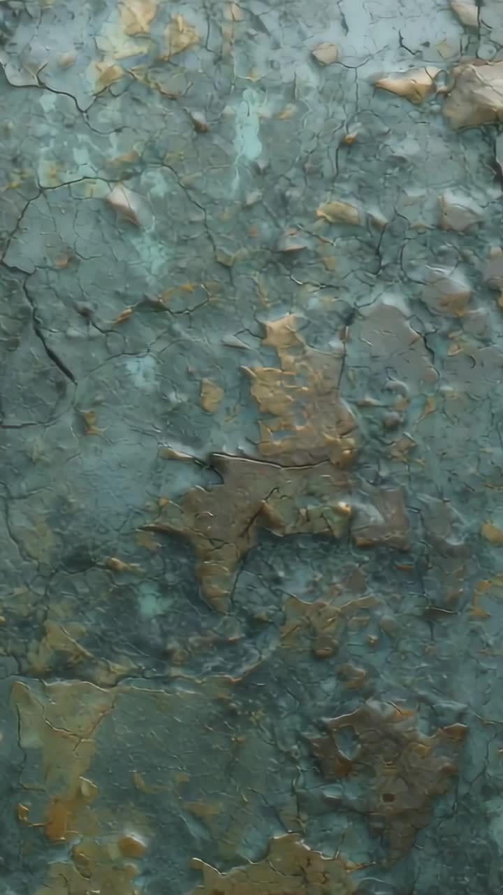 Vertical video: Shifting camera showing painted panel at worn wall to expose flaking paint and rust